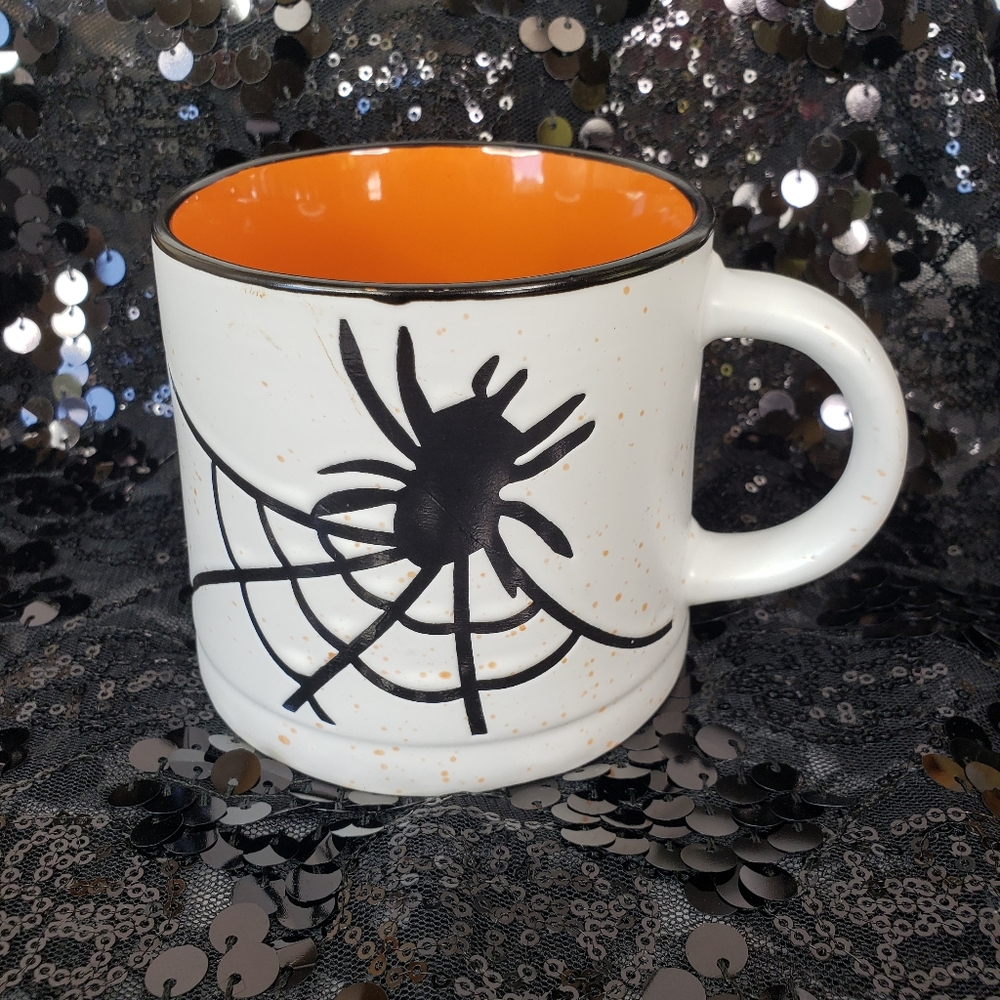 Large Global Design Halloween Coffee Mug Black Spider And Web Orange Inside NWOT